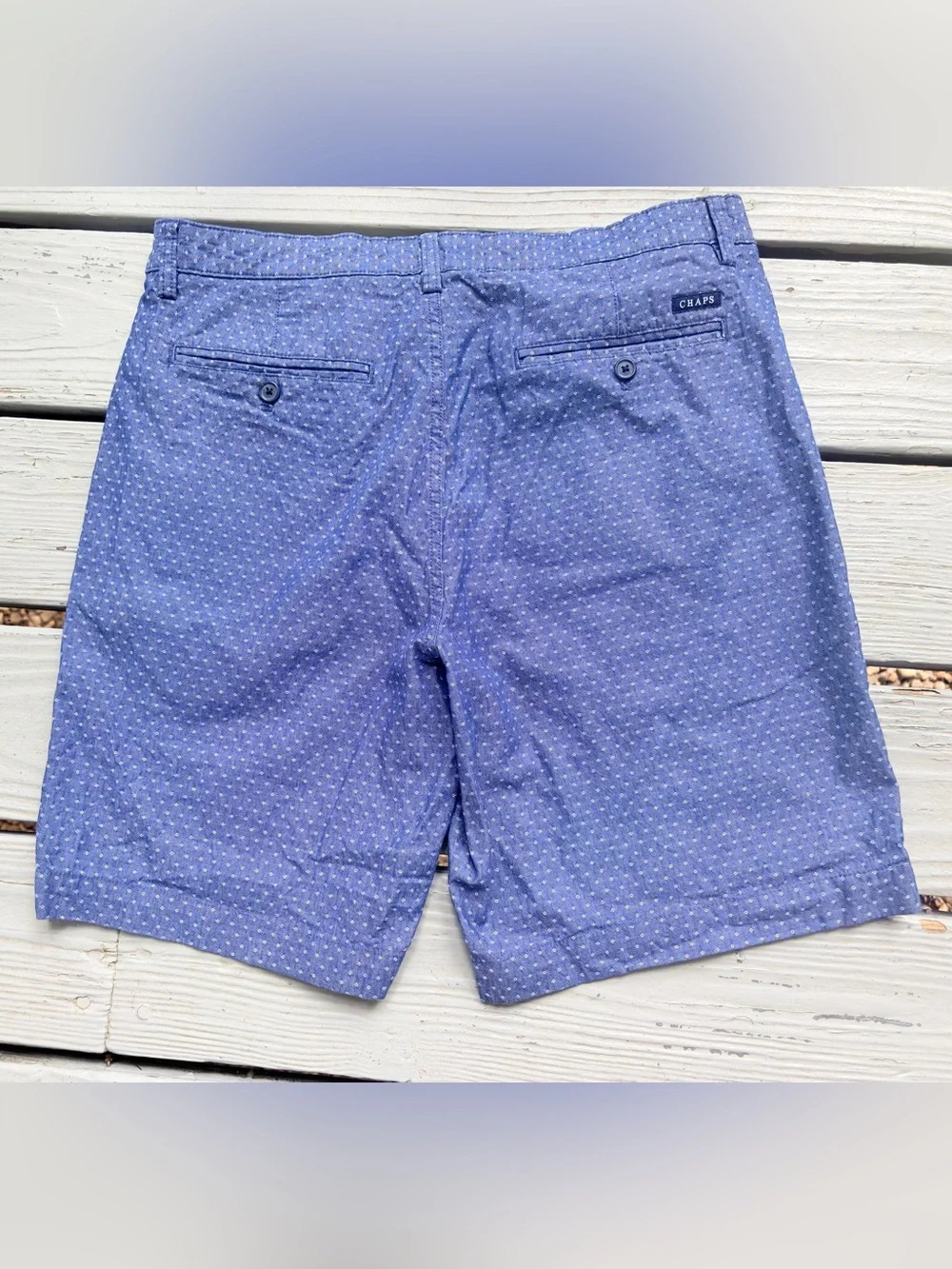Chaps Flat-Front Chino Shorts 100% Cotton Monroe Blue White Dots Sz 34 Inseam 9”